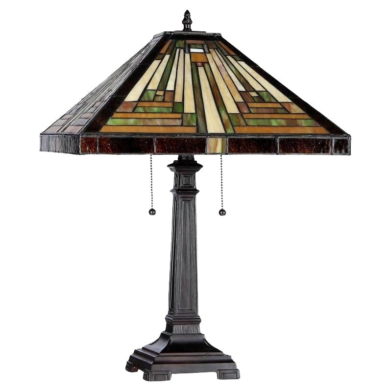 Tischlampe im Mission-Design im Tiffany-Stil mit 2 Lichtern in dunkler Antikbronze