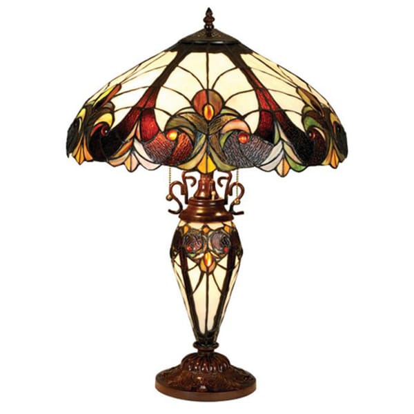 Viktorianische Tischlampe im Tiffany-Stil mit 2+1 Lichtern