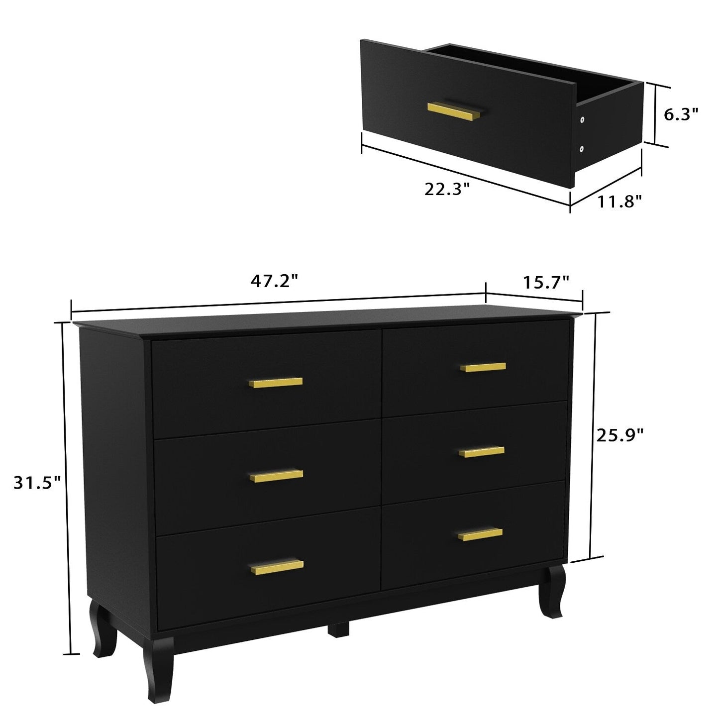 Timechee Kommode mit 6 Schubladen, 120 cm Breite, Doppelkommode, Beine aus Massivholz, Lackkommode