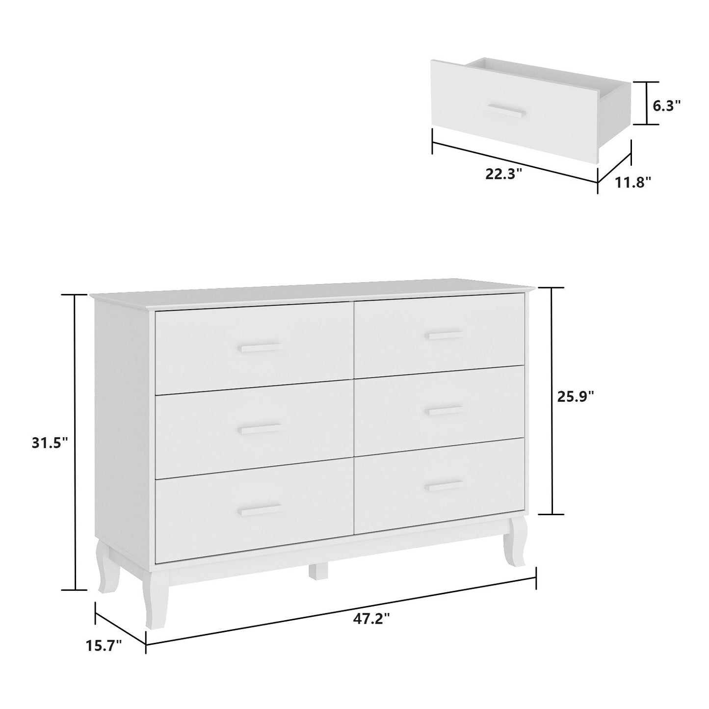 Timechee Kommode mit 6 Schubladen, 120 cm Breite, Doppelkommode, Beine aus Massivholz, Lackkommode