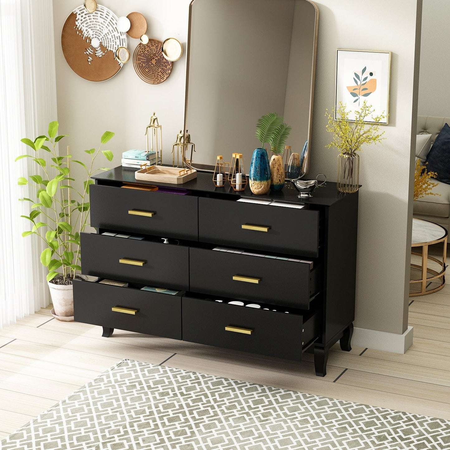 Timechee Kommode mit 6 Schubladen, 120 cm Breite, Doppelkommode, Beine aus Massivholz, Lackkommode