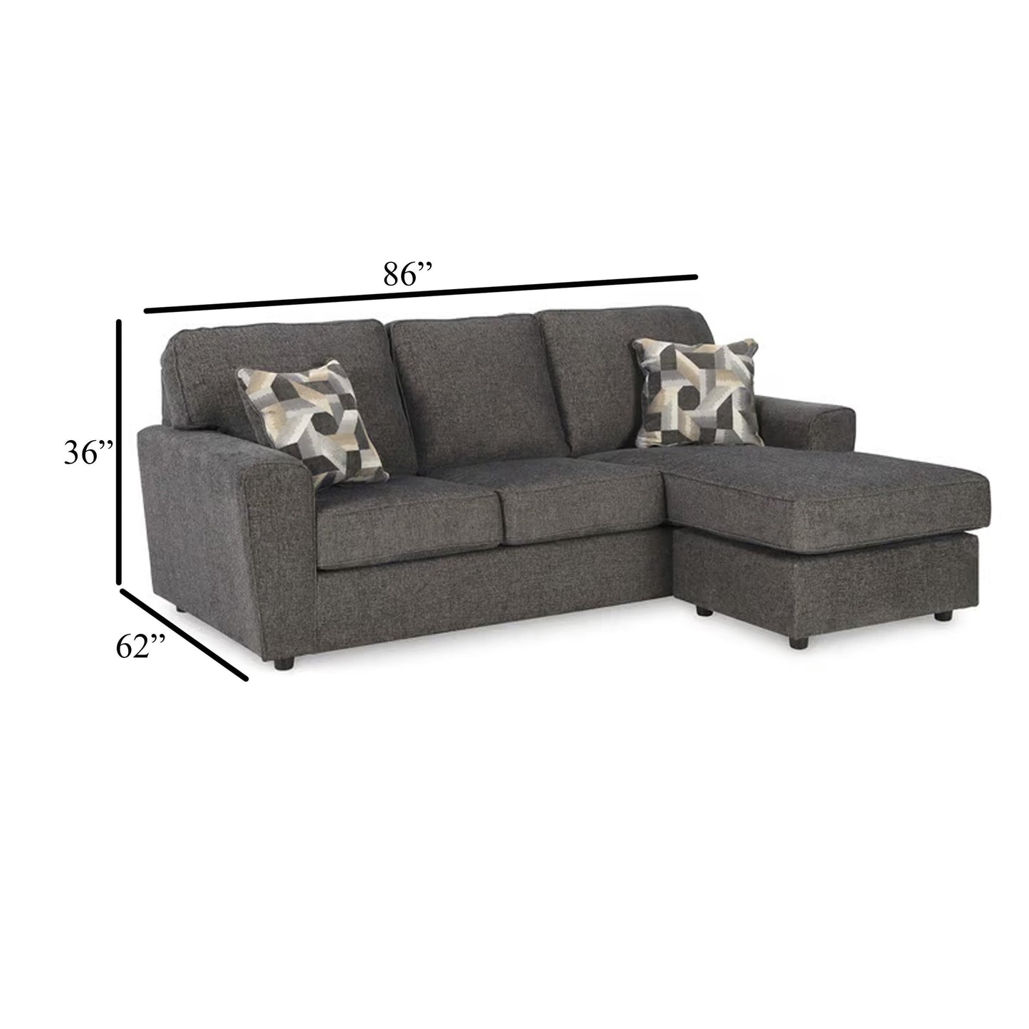 Timu L Shaped Sofa Chaise, 86 Inch, 2 Accent Pillows, Gray Polyester