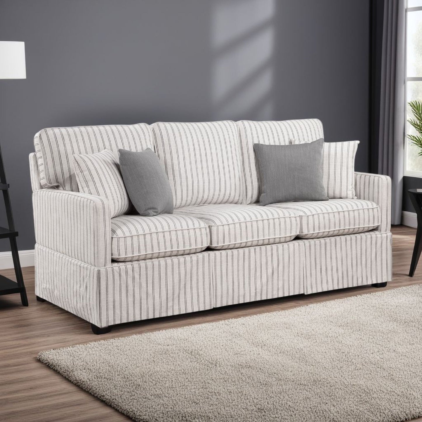 Tory Sofa with 4 Throw Pillows, Gray White Striped Polyester, 79 Inch