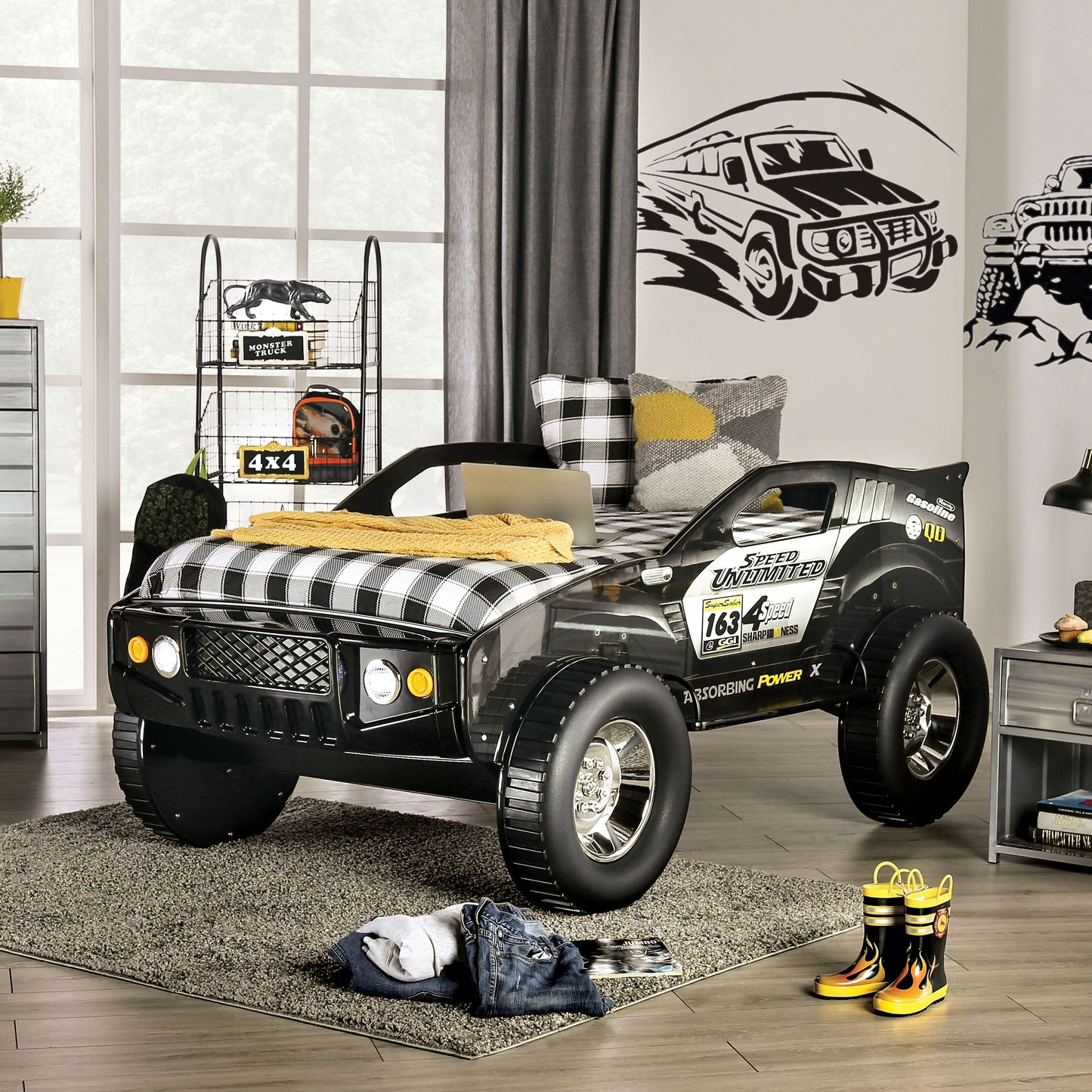 Toto Modernes schwarzes Twin-Geländewagen-Kinderbett mit Rädern von Furniture of America