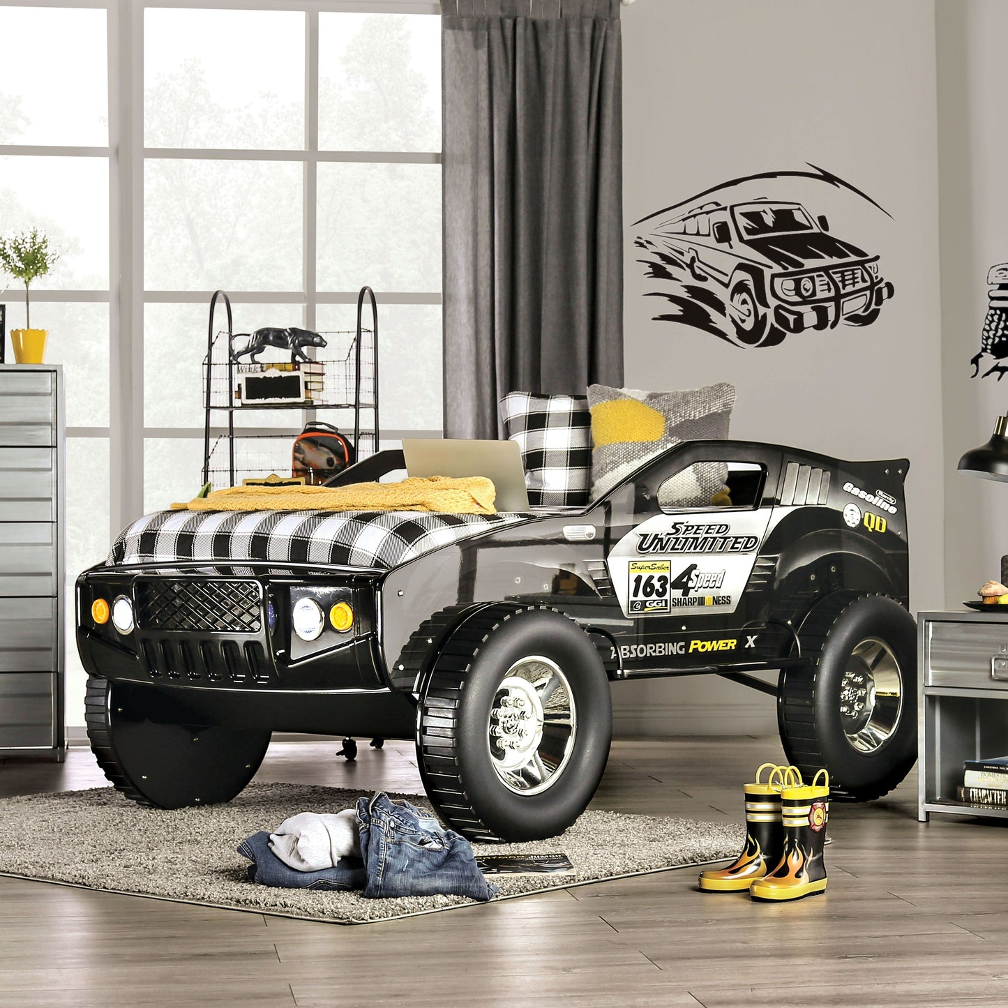 Toto Modernes schwarzes Twin-Geländewagen-Kinderbett mit Rädern von Furniture of America