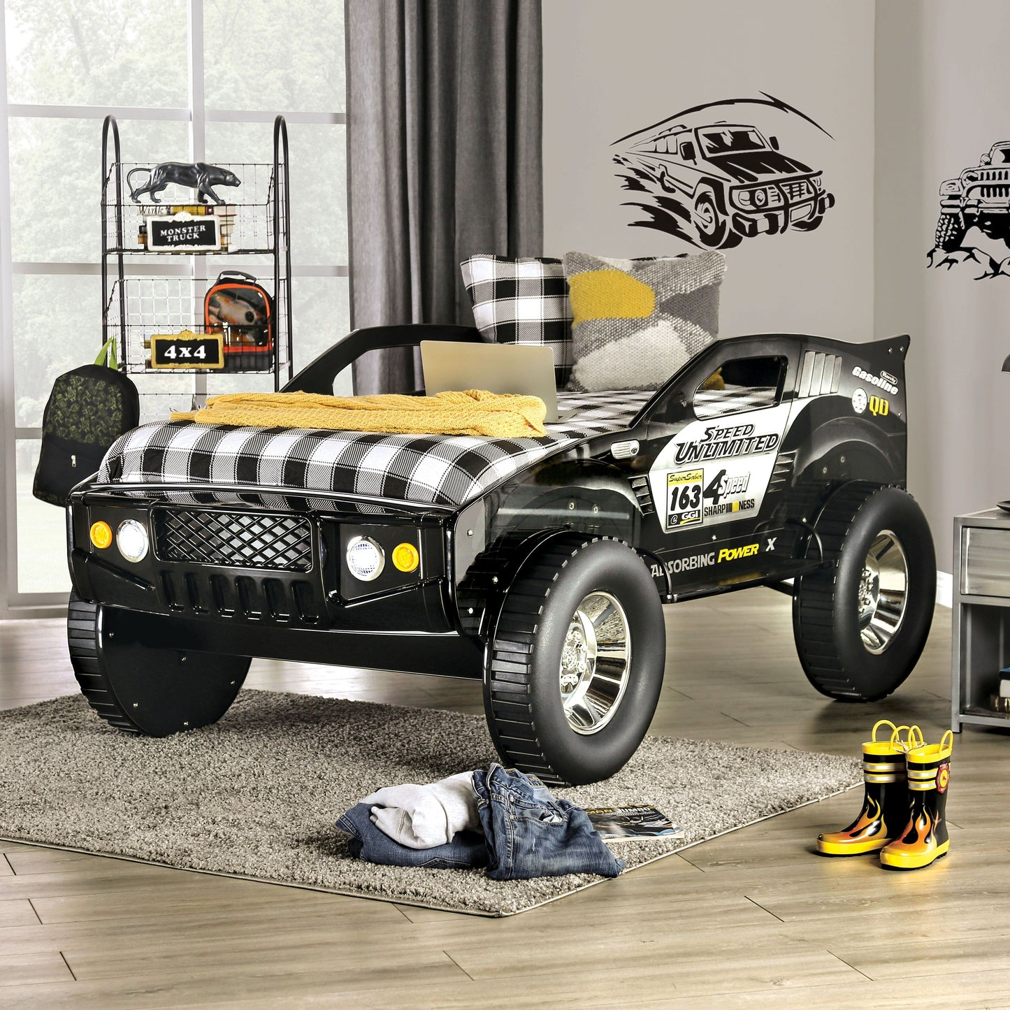 Toto Modernes schwarzes Twin-Geländewagen-Kinderbett mit Rädern von Furniture of America