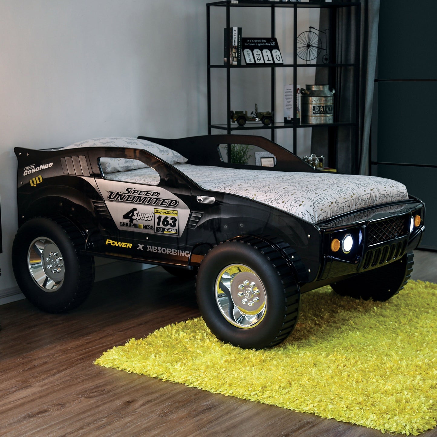 Toto Modernes schwarzes Twin-Geländewagen-Kinderbett mit Rädern von Furniture of America