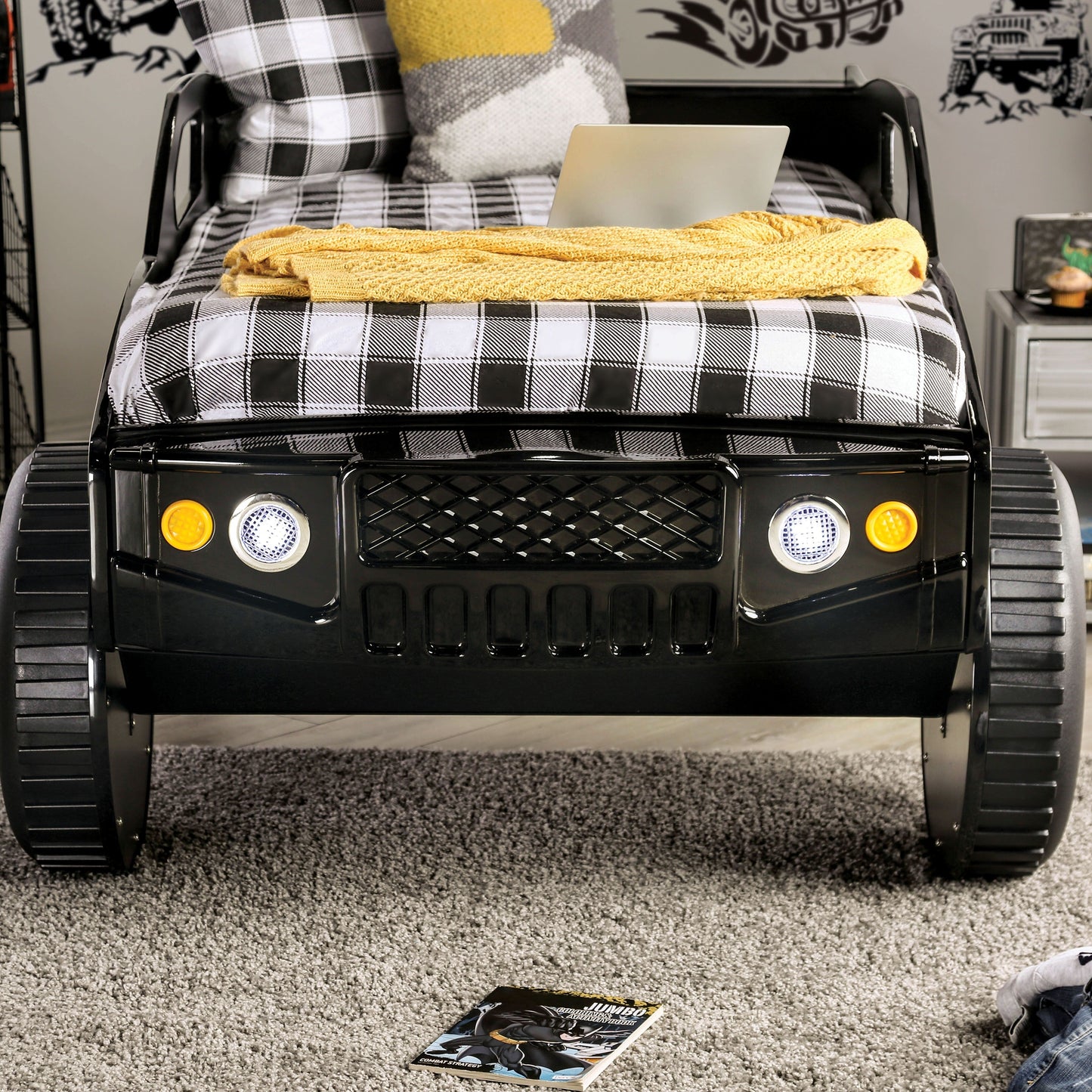 Toto Modernes schwarzes Twin-Geländewagen-Kinderbett mit Rädern von Furniture of America