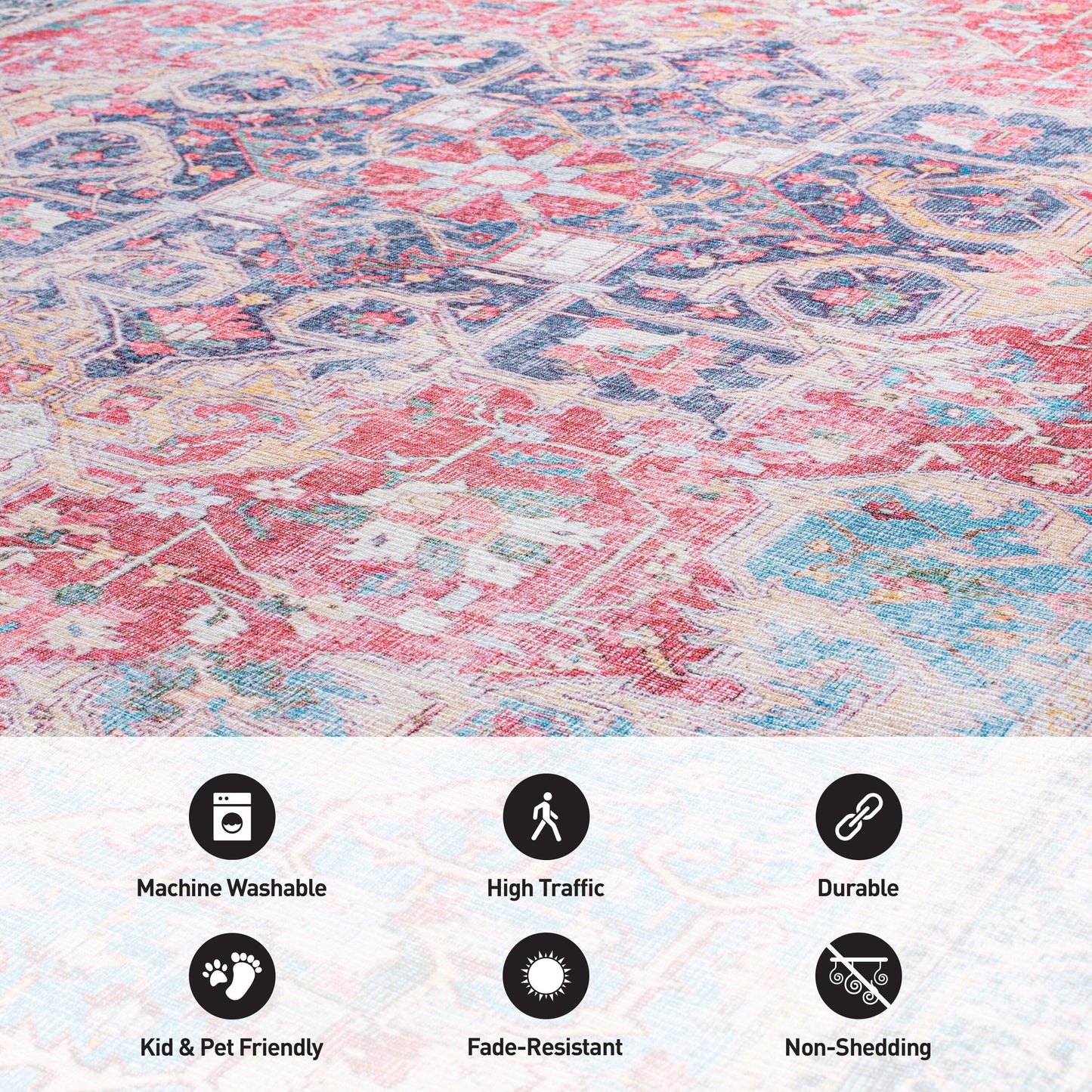 Traditional Distressed Vintage Machine Washbale Multi Area Rug