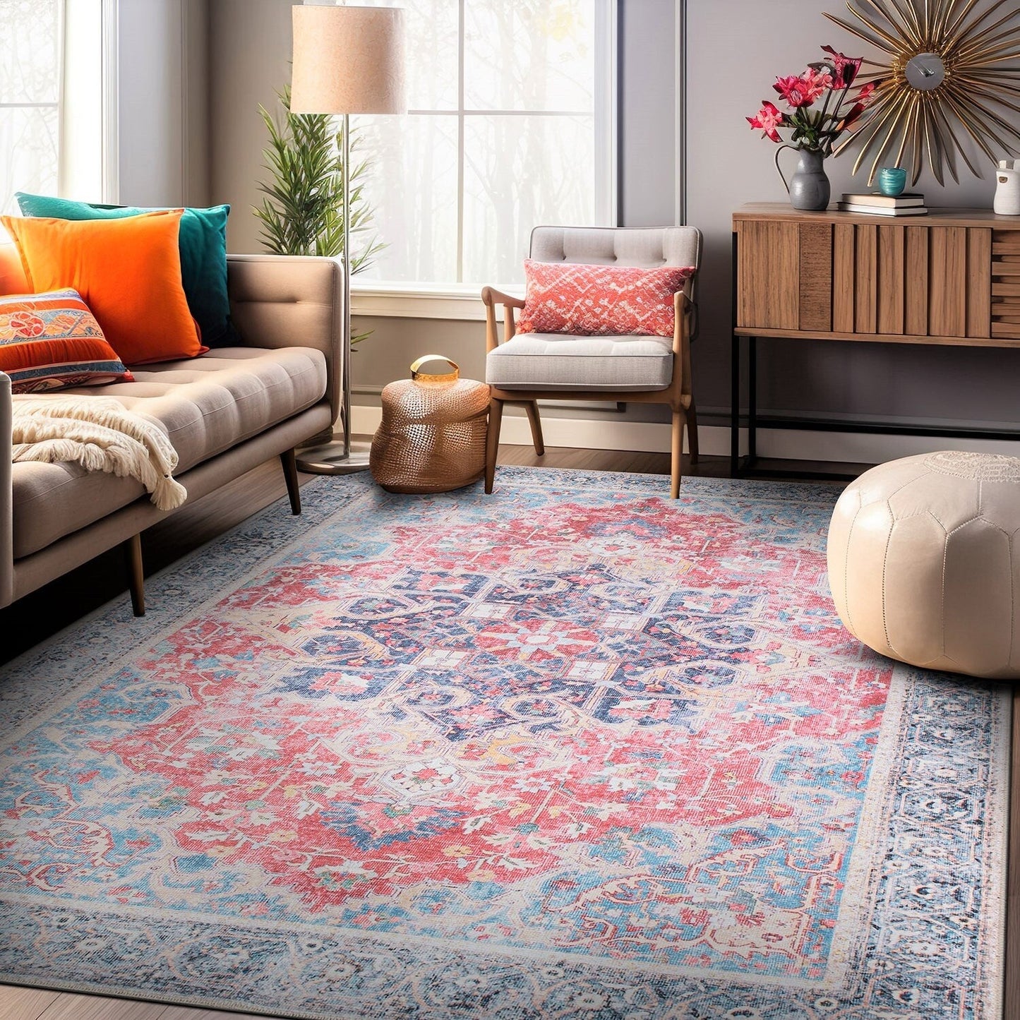 Traditional Distressed Vintage Machine Washbale Multi Area Rug