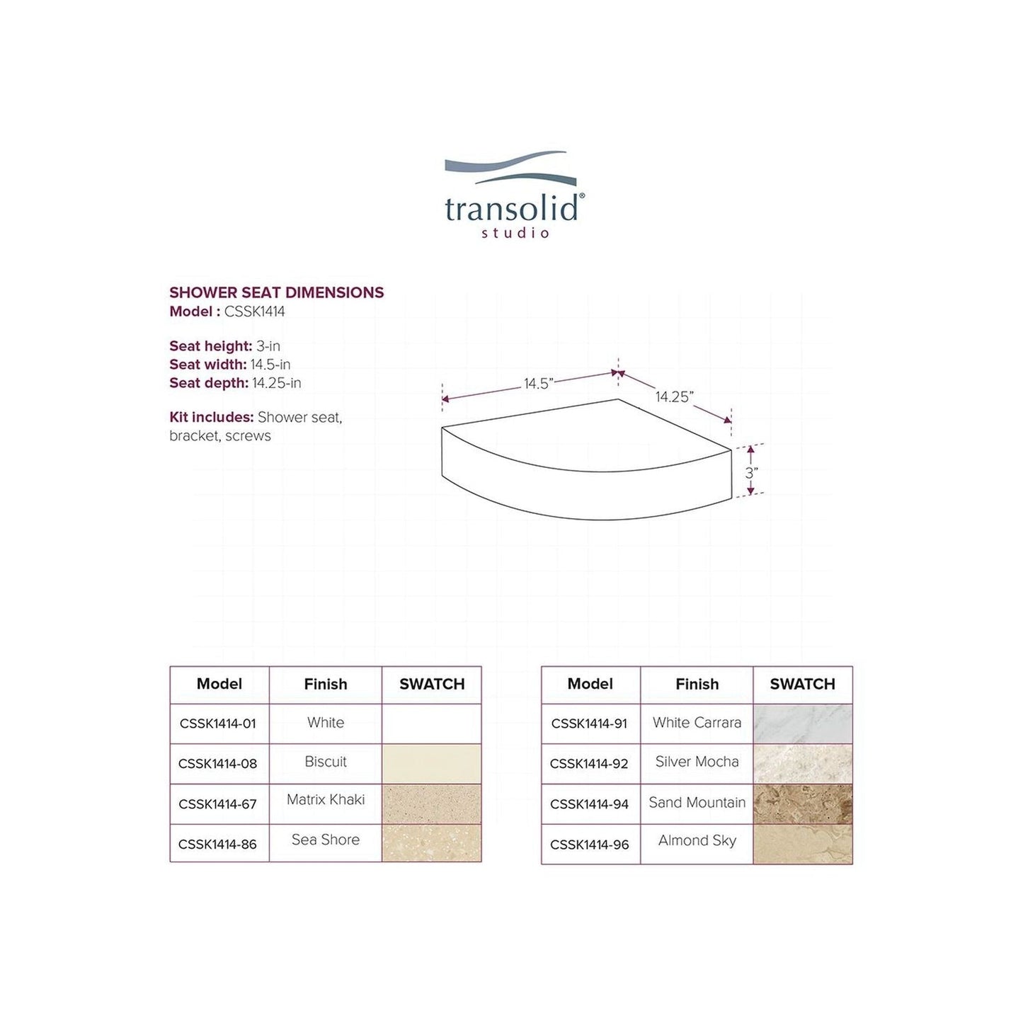 Transolid Studio Eck-Duschsitz aus massiver Oberfläche, wandmontiert, 35,6 x 35,6 cm, 14,5 x 14,25 x 3