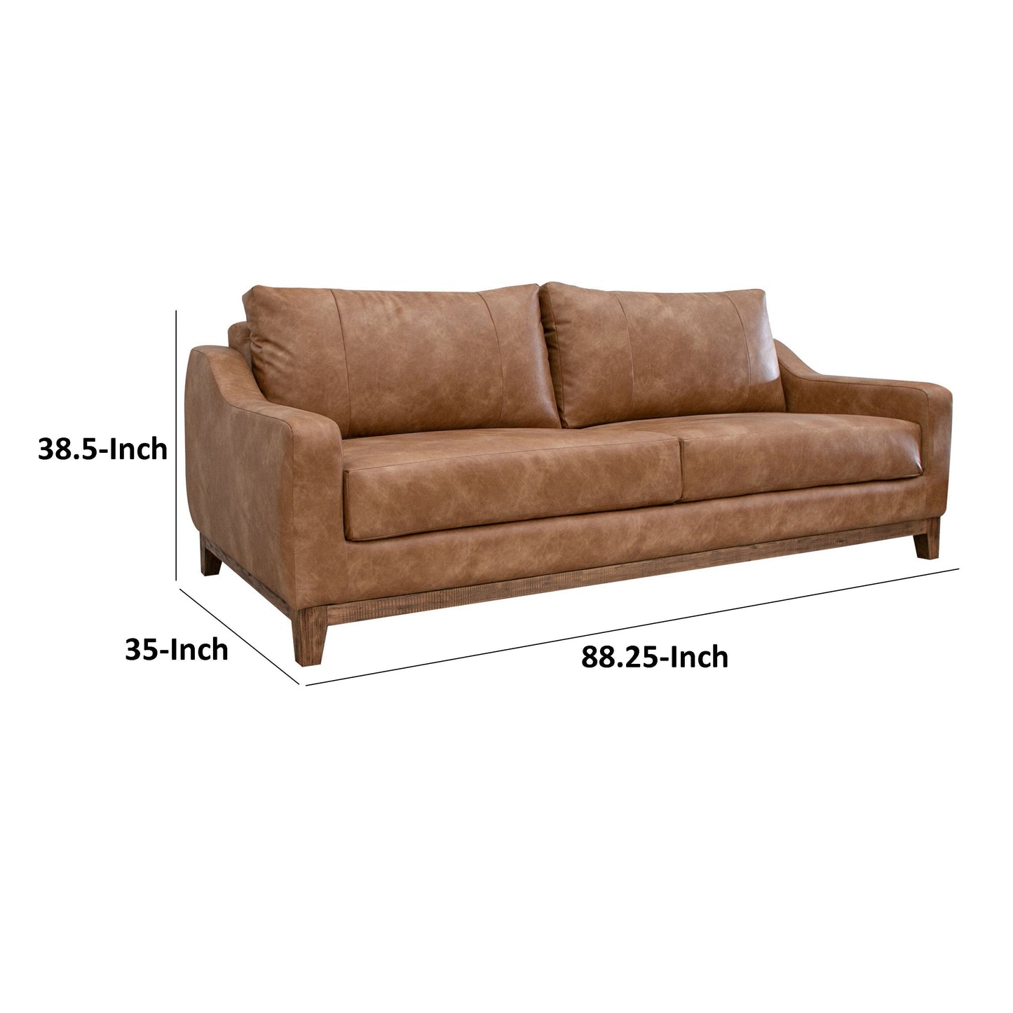 Tuba Sofa, Cognac Faux Leather, Foam Cushions, Solid Pine Wood, 88 Inch