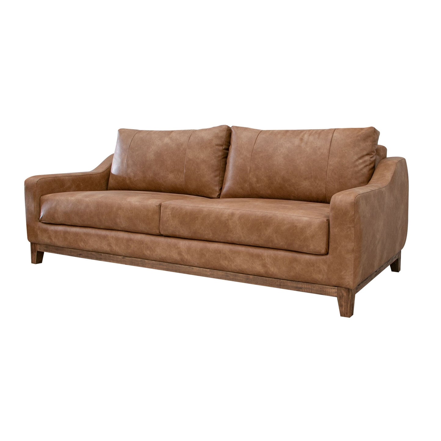 Tuba Sofa, Cognac Faux Leather, Foam Cushions, Solid Pine Wood, 88 Inch