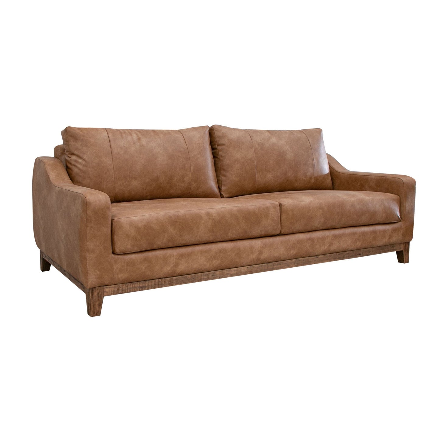 Tuba Sofa, Cognac Faux Leather, Foam Cushions, Solid Pine Wood, 88 Inch