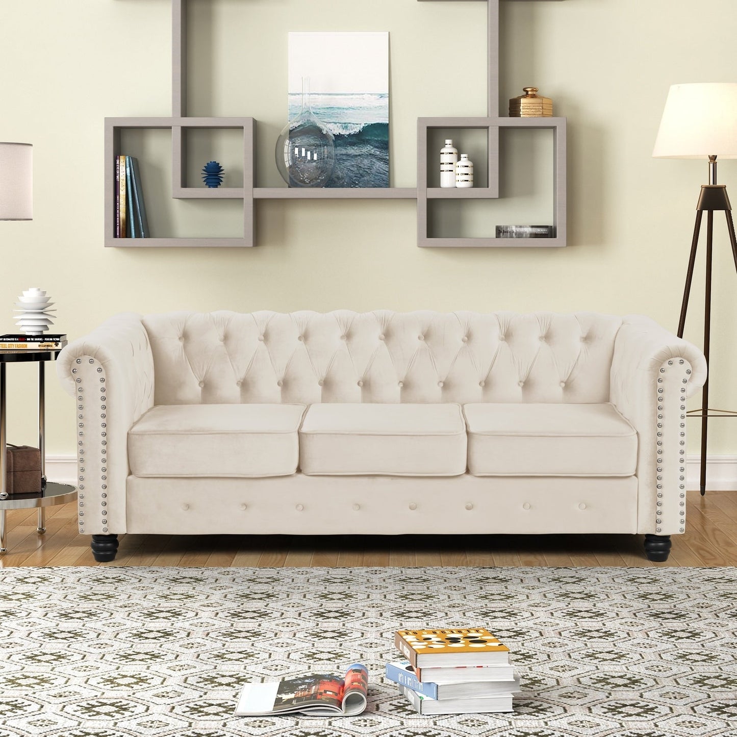 Morden Fort Velvet Upholstered Chesterfield Sofa with Nailhead and Solid Legs for Living Room