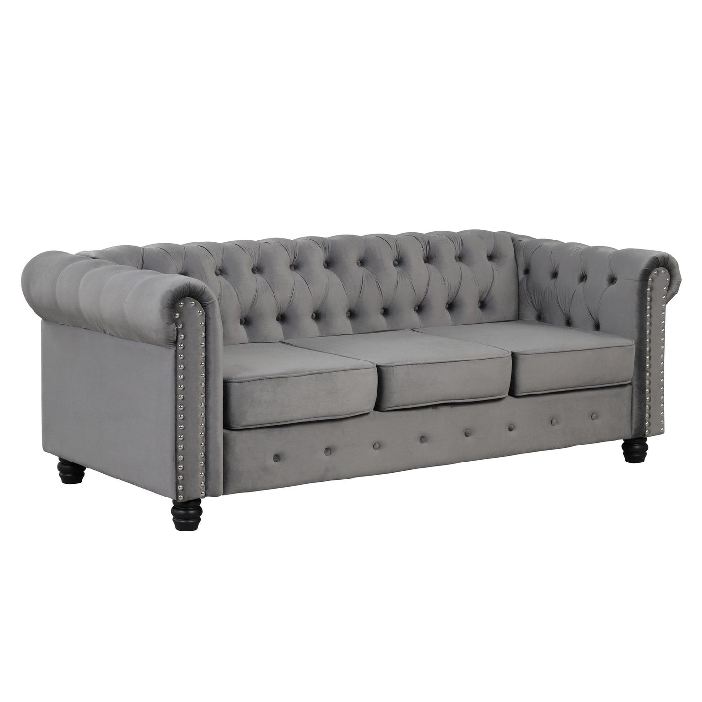 Morden Fort Velvet Upholstered Chesterfield Sofa with Nailhead and Solid Legs for Living Room