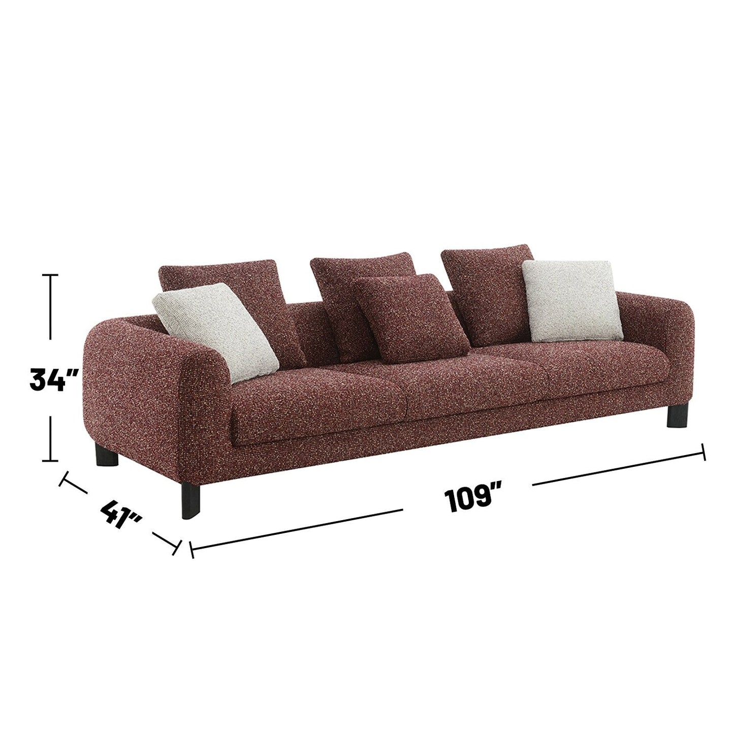 Tweed Fabric Upholstered Sofa with 3 Pillows in Maroon