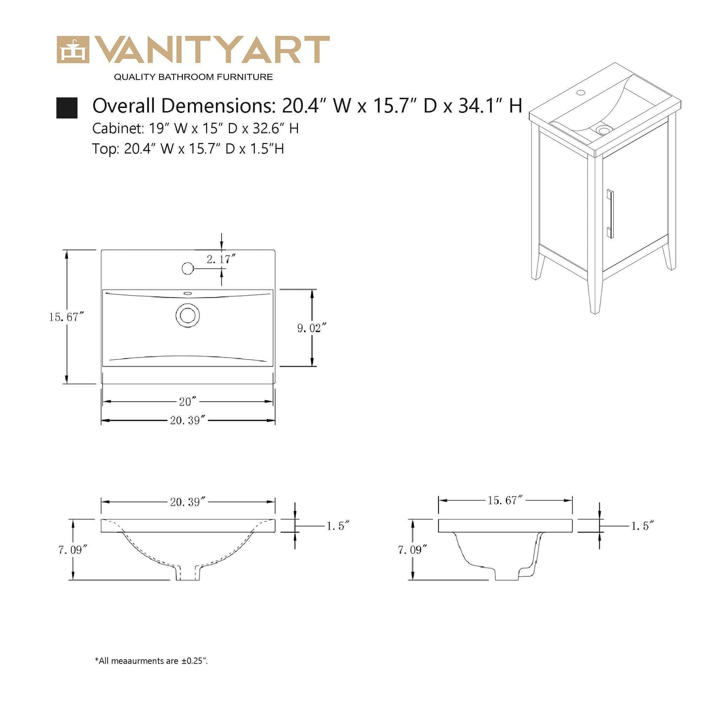 Vanity Art 20 oder 24 oder 30 Badezimmer-Waschtisch mit Einzelwaschbecken und Keramikplatte