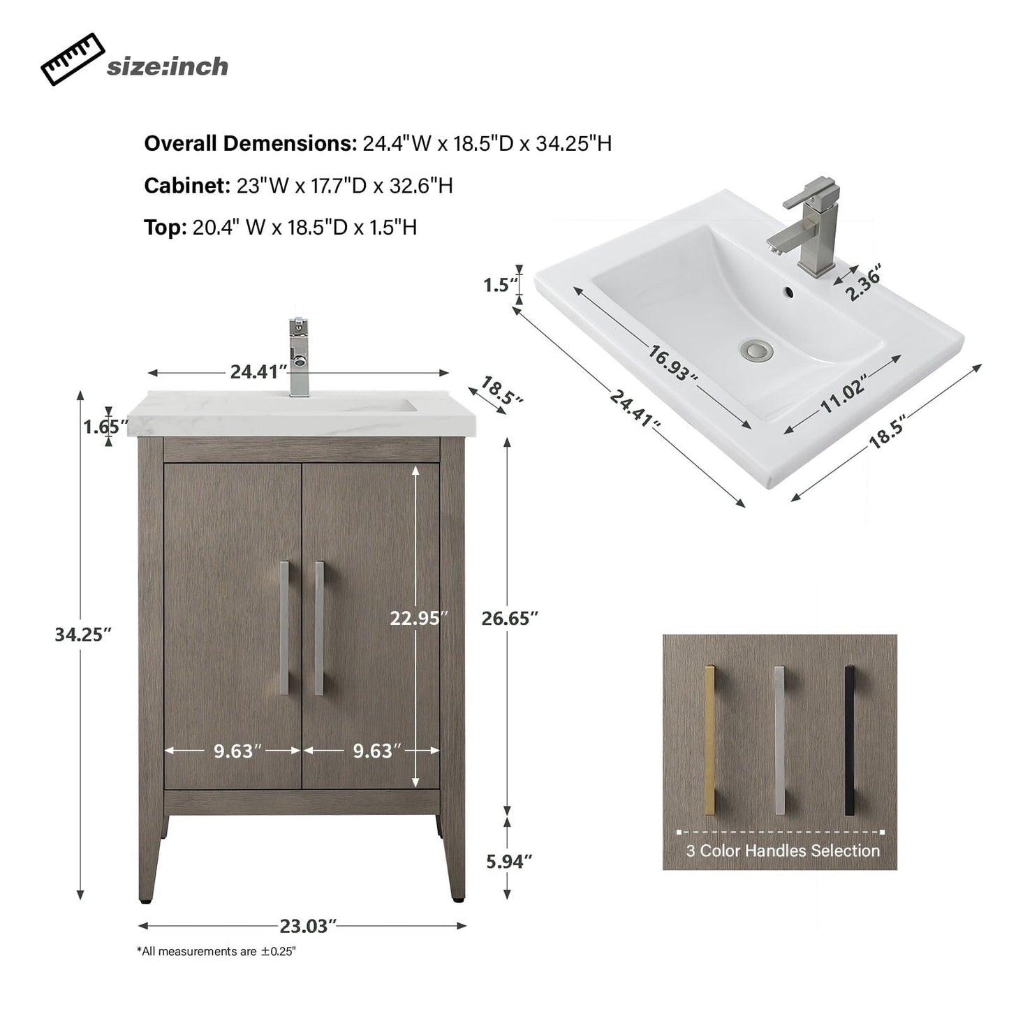 Vanity Art 20 oder 24 oder 30 Badezimmer-Waschtisch mit Einzelwaschbecken und Keramikplatte