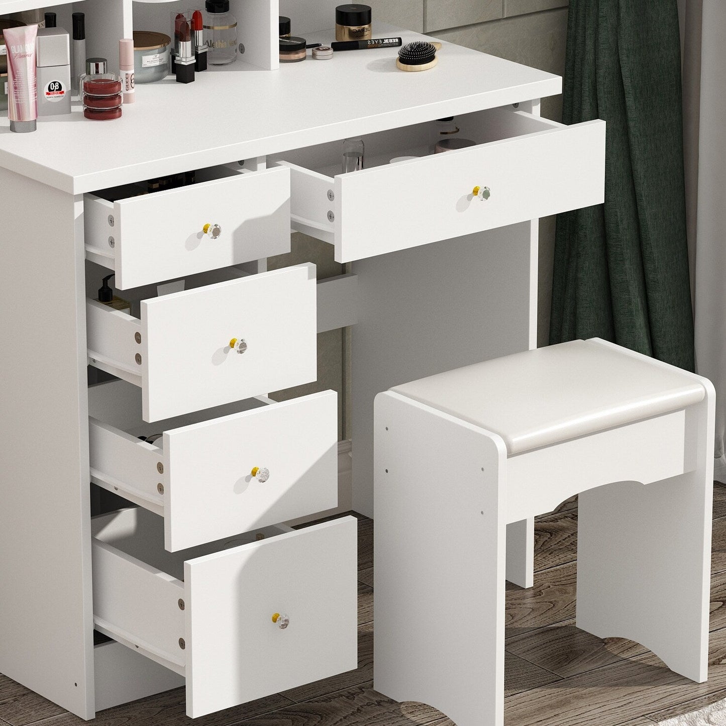 Schminktisch-Set mit Spiegel und Lampe, Schminktisch für Zuhause mit Hocker