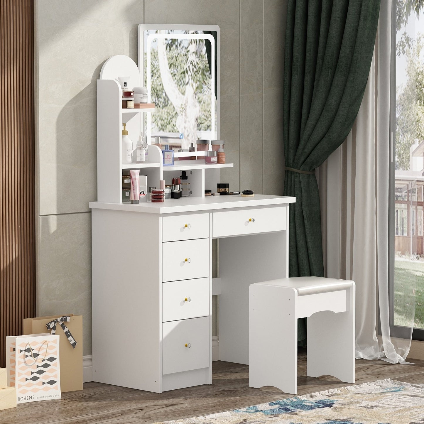 Schminktisch-Set mit Spiegel und Lampe, Schminktisch für Zuhause mit Hocker