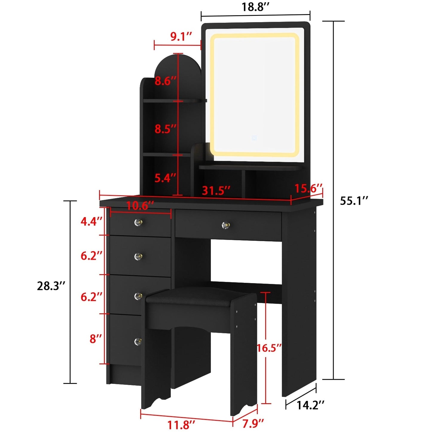 Schminktisch-Set mit Spiegel und Lampe, Schminktisch für Zuhause mit Hocker