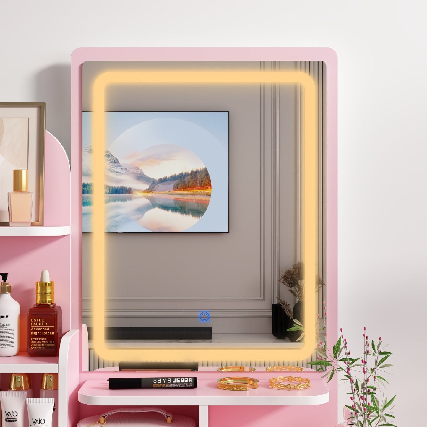 Schminktisch-Set mit Spiegel und Lampe, Schminktisch für Zuhause mit Hocker
