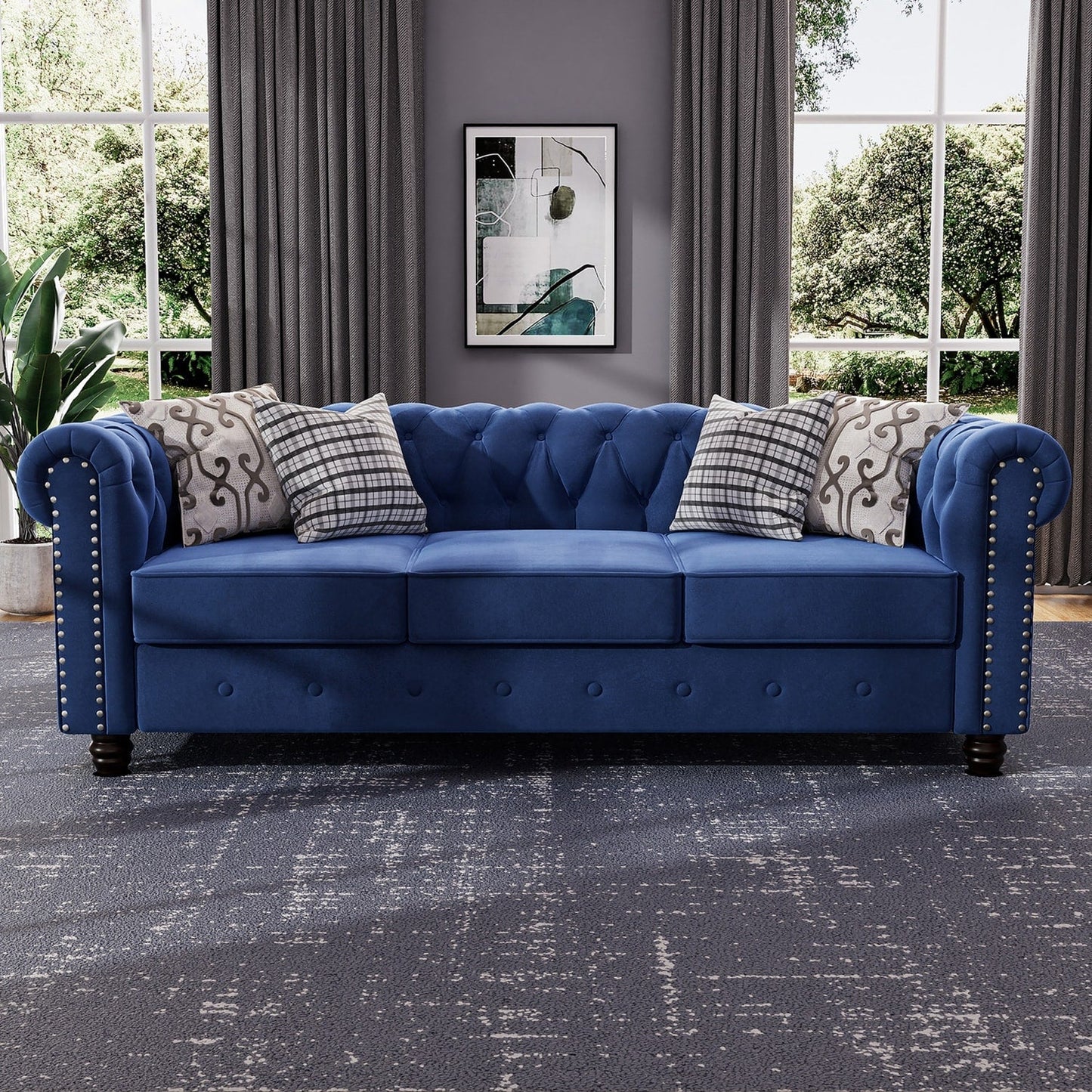 Morden Fort Velvet Upholstered Chesterfield Sofa with Nailhead and Solid Legs for Living Room