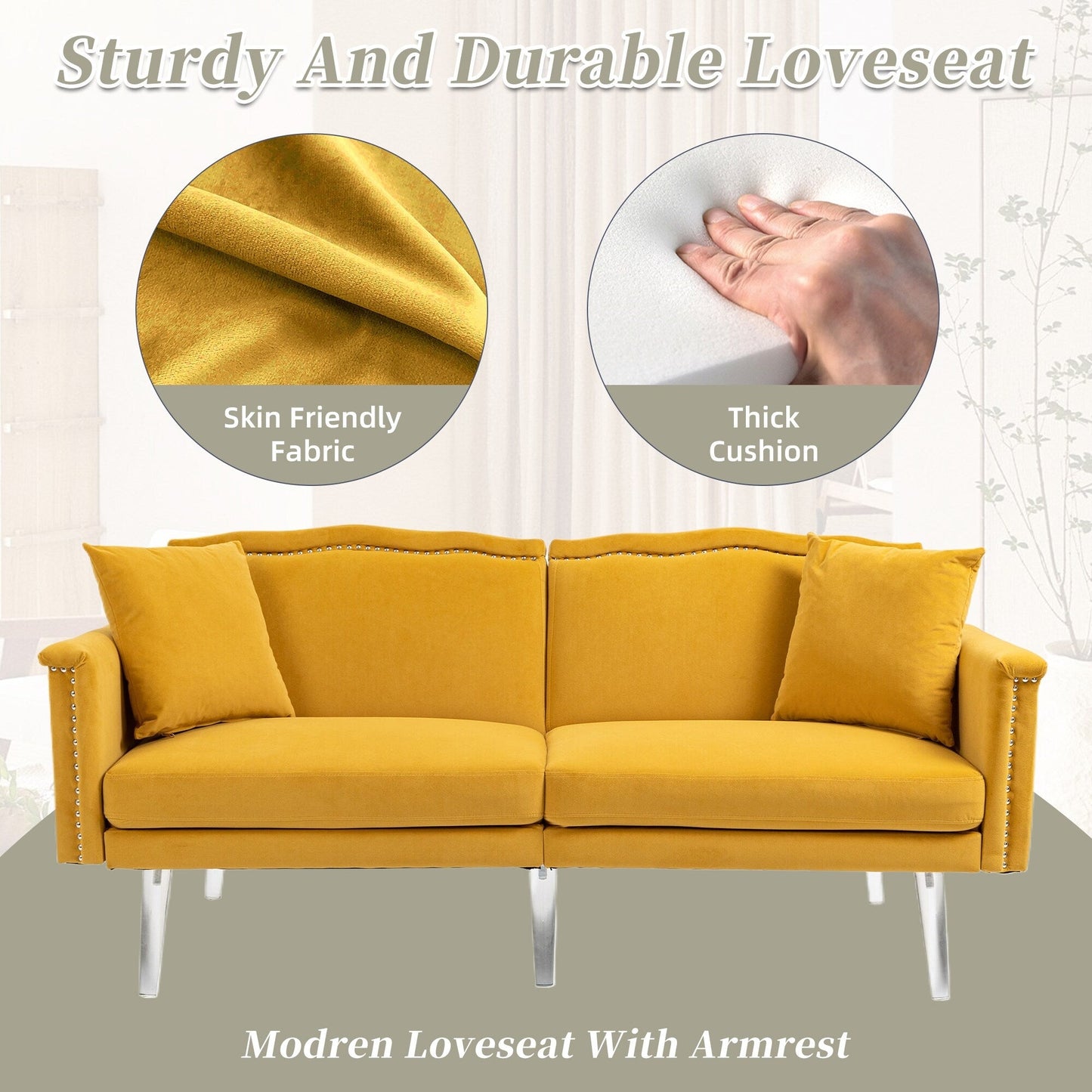 Velvet Upholstered Nailheads Loveseats Sleeper Sofa With Acrylic Feet
