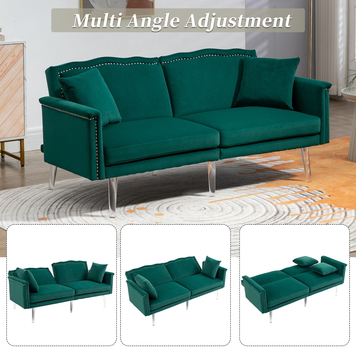 Velvet Upholstered Nailheads Loveseats Sleeper Sofa With Acrylic Feet