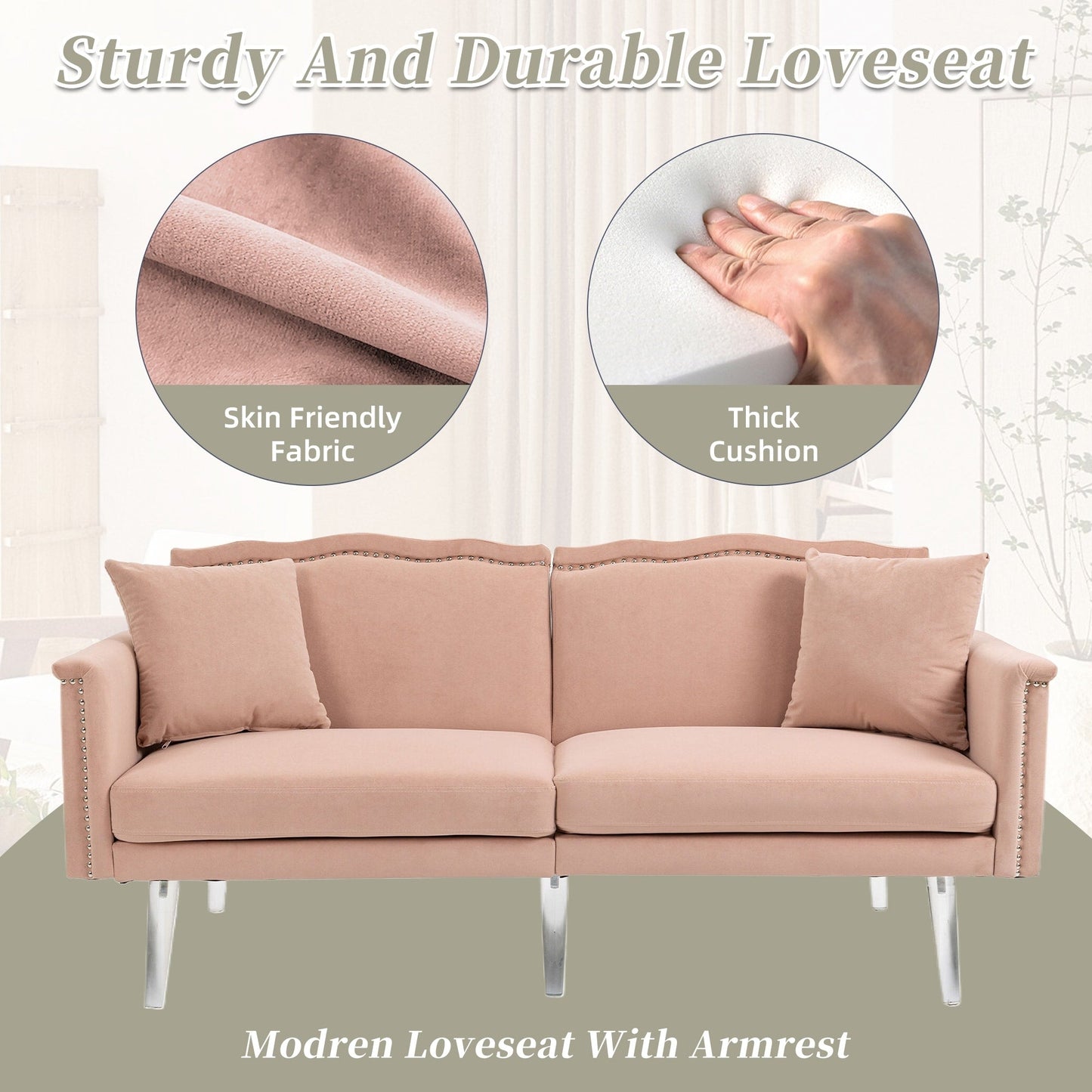 Velvet Upholstered Nailheads Loveseats Sleeper Sofa With Acrylic Feet