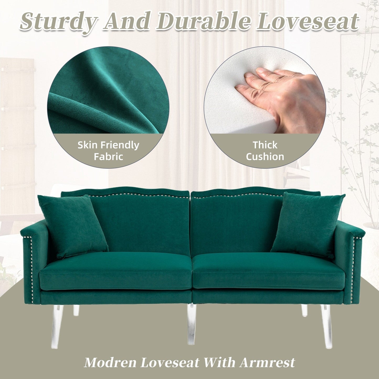 Velvet Upholstered Nailheads Loveseats Sleeper Sofa With Acrylic Feet
