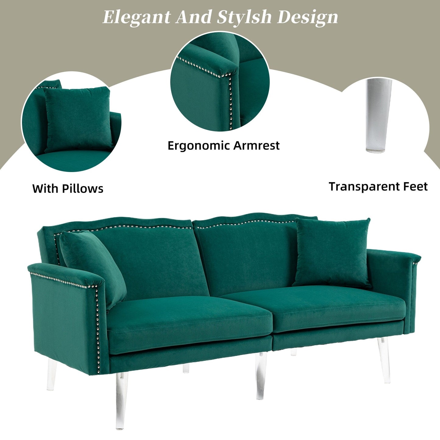 Velvet Upholstered Nailheads Loveseats Sleeper Sofa With Acrylic Feet