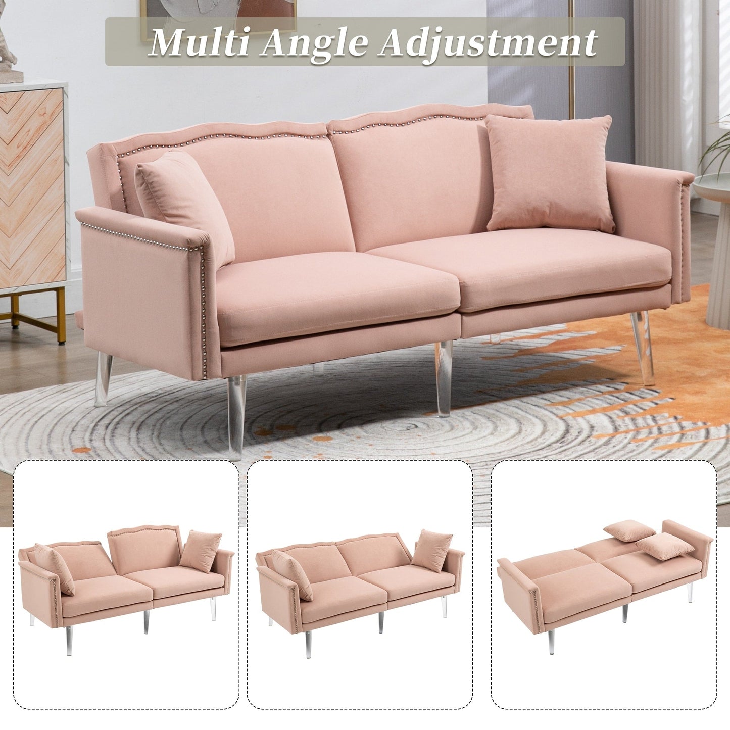 Velvet Upholstered Nailheads Loveseats Sleeper Sofa With Acrylic Feet