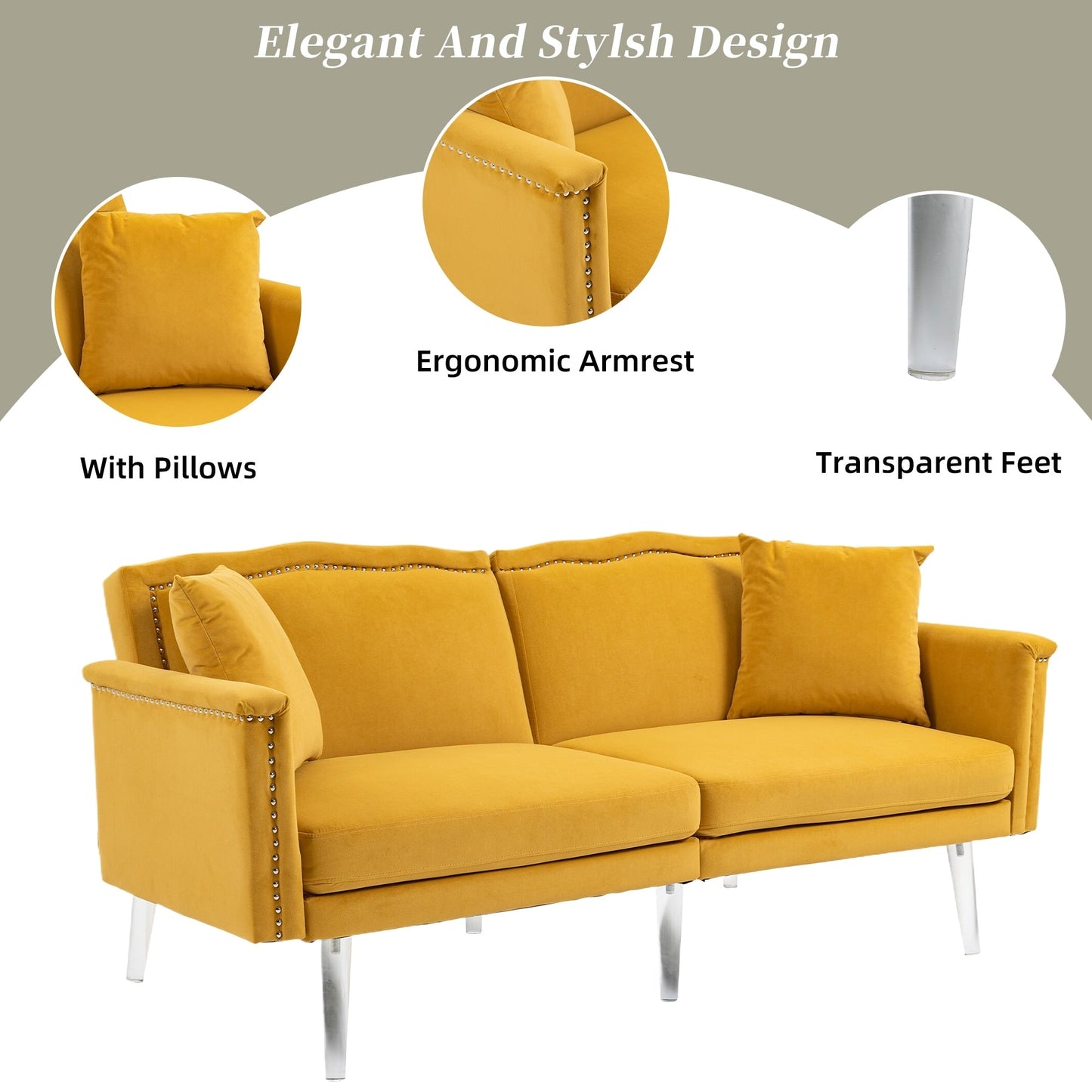 Velvet Upholstered Nailheads Loveseats Sleeper Sofa With Acrylic Feet