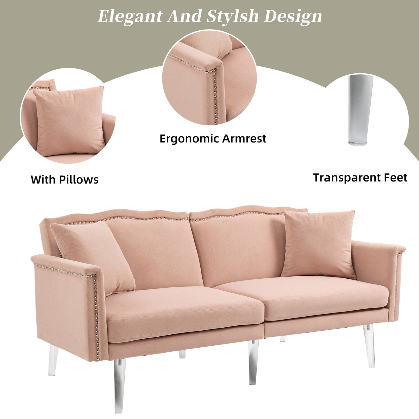 Velvet Upholstered Nailheads Loveseats Sleeper Sofa With Acrylic Feet