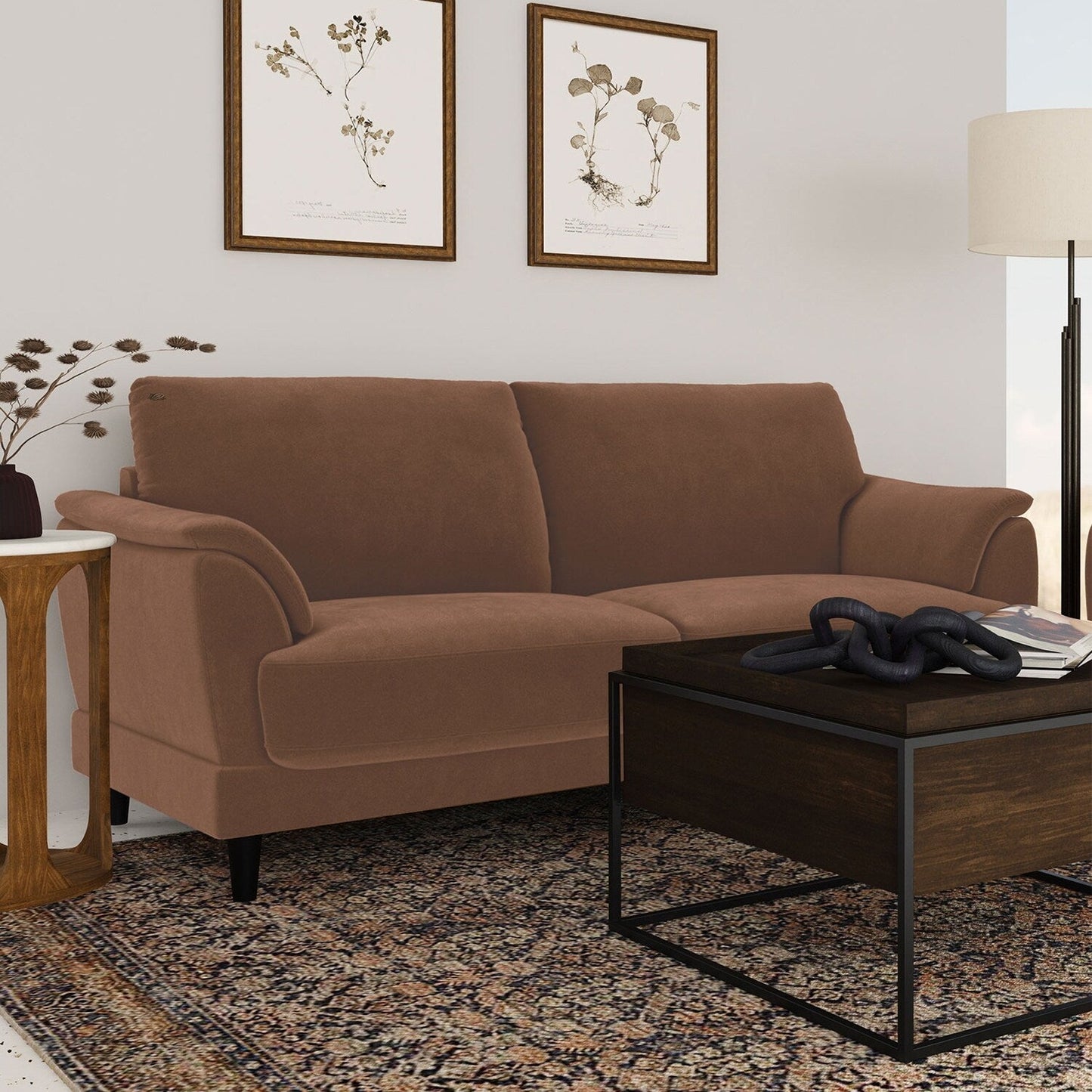 Velvet Upholstered Sofa with Wooden Tapered Legs in Rust