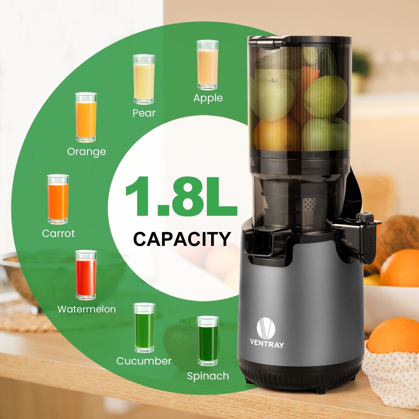 Ventray 900 Slow Masticating Juicer, Kaltpress-Entsafter mit 5,1 extra großem, breitem Einfüllschacht