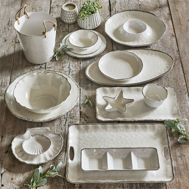 Veranda 4er-Set Essteller aus massivem Melamin-Kunststoff, rissig glasiert, 27,9 cm, spülmaschinenfest, für drinnen und draußen, elfenbeinfarben