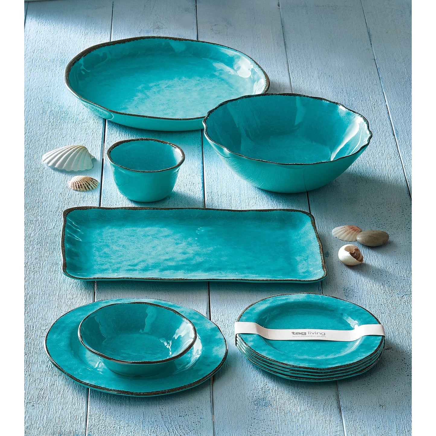 Veranda 4er-Set Essteller aus massivem Melamin-Kunststoff, rissig glasiert, 27,9 cm, spülmaschinenfest, für drinnen und draußen, Blau