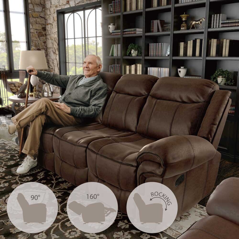 Verne Brown Manual Microsuede Reclining Sofa with Flip Down Cup Holders
