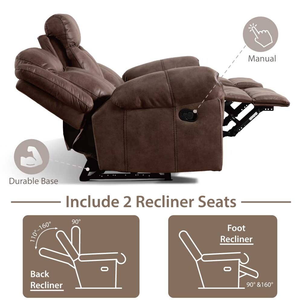 Verne Brown Manual Microsuede Reclining Sofa with Flip Down Cup Holders