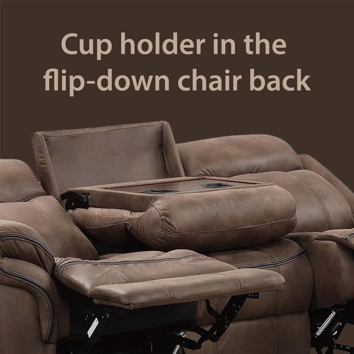 Verne Brown Manual Microsuede Reclining Sofa with Flip Down Cup Holders