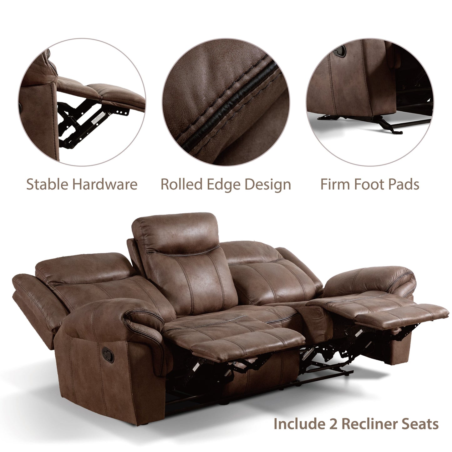 Verne Brown Manual Microsuede Reclining Sofa with Flip Down Cup Holders