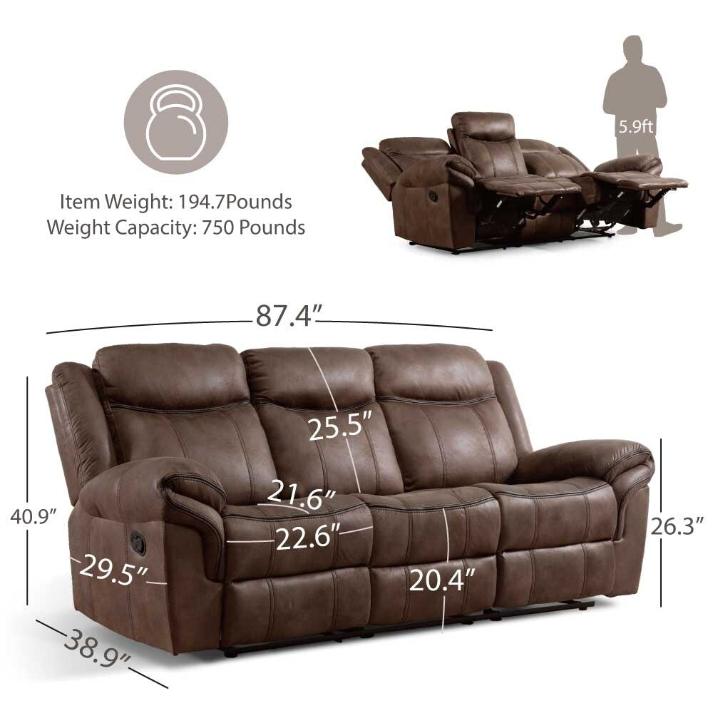Verne Brown Manual Microsuede Reclining Sofa with Flip Down Cup Holders