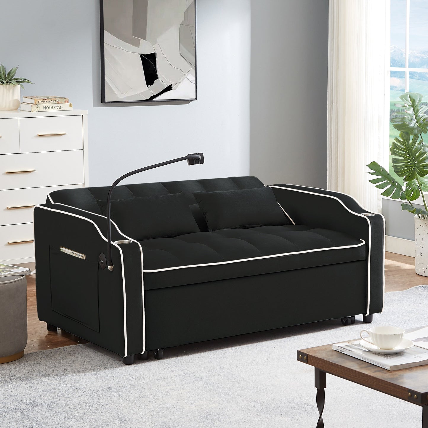 Versatile foldable Velvet sofa bed with Adjustable Back USB Port Phone Stand