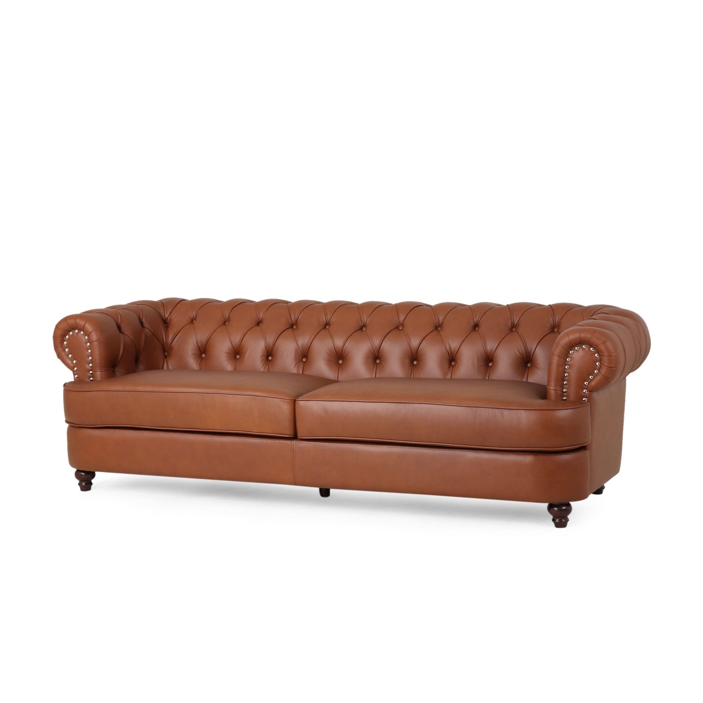 Vian 95 Inch 3 Seater Sofa, Tufted Cognac Brown Faux Leather, Nailhead Trim