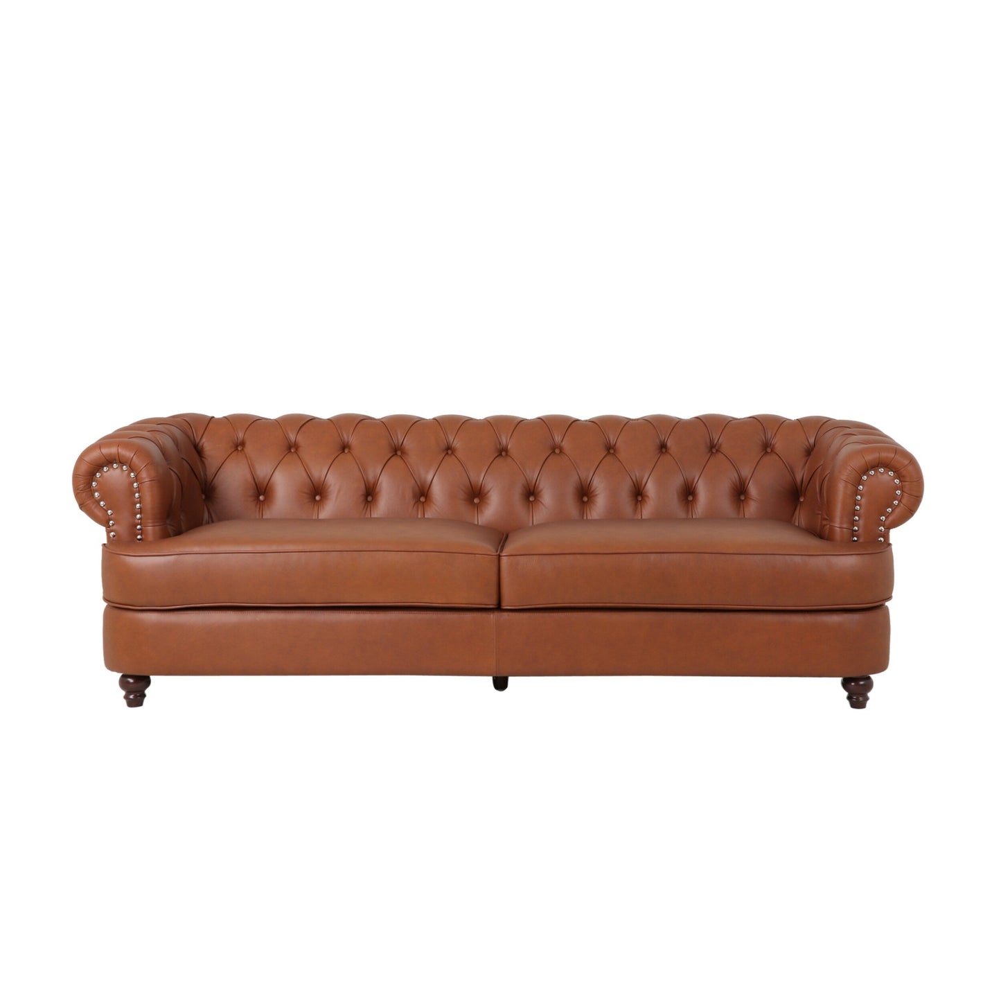 Vian 95 Inch 3 Seater Sofa, Tufted Cognac Brown Faux Leather, Nailhead Trim