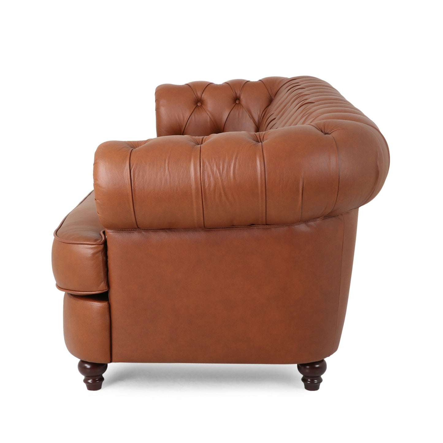 Vian 95 Inch 3 Seater Sofa, Tufted Cognac Brown Faux Leather, Nailhead Trim