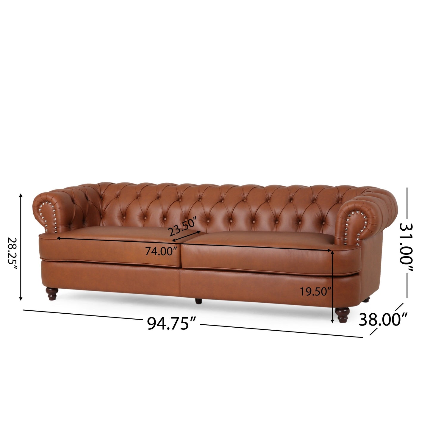 Vian 95 Inch 3 Seater Sofa, Tufted Cognac Brown Faux Leather, Nailhead Trim